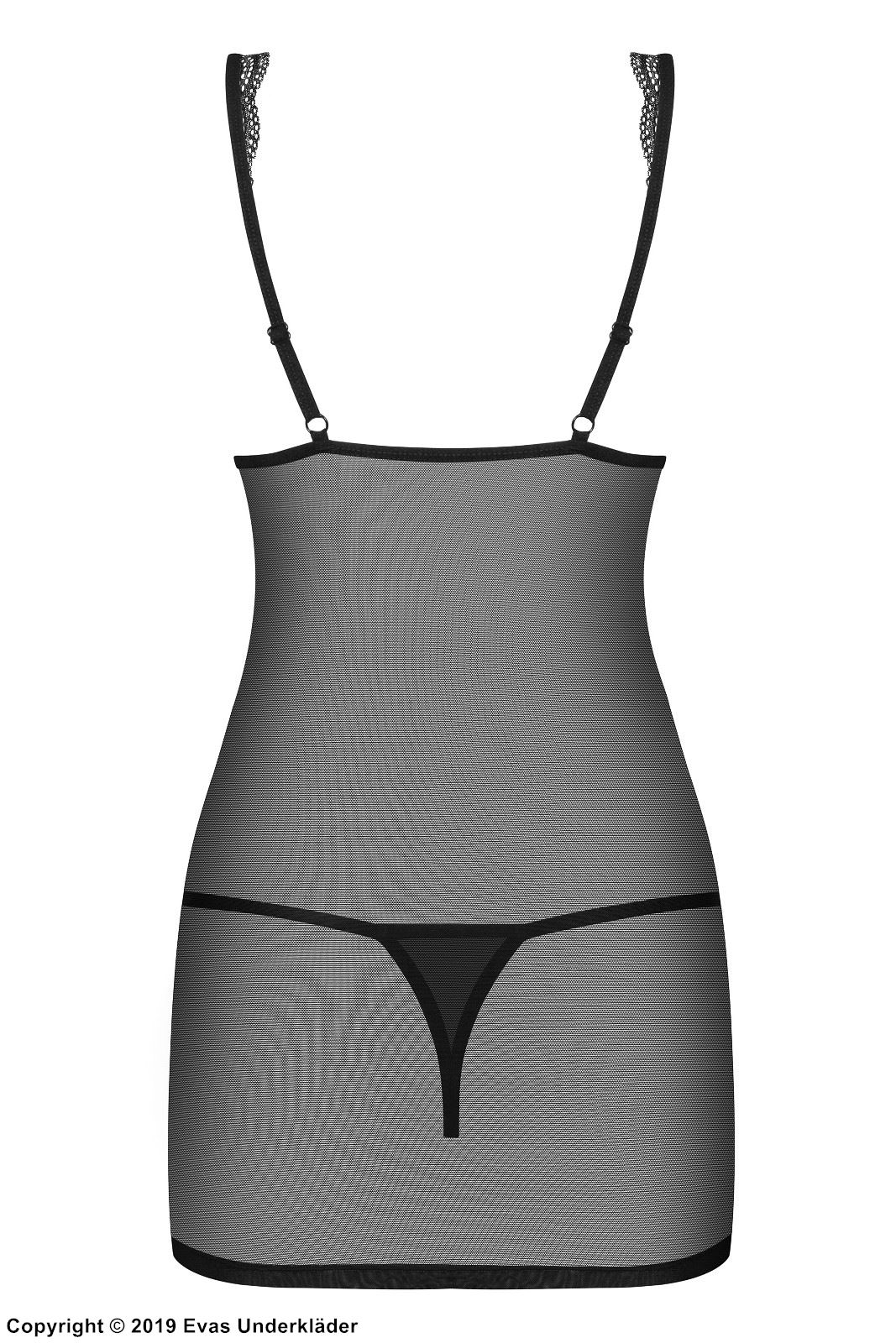 Skin-tight chemise, sheer mesh, lace panel